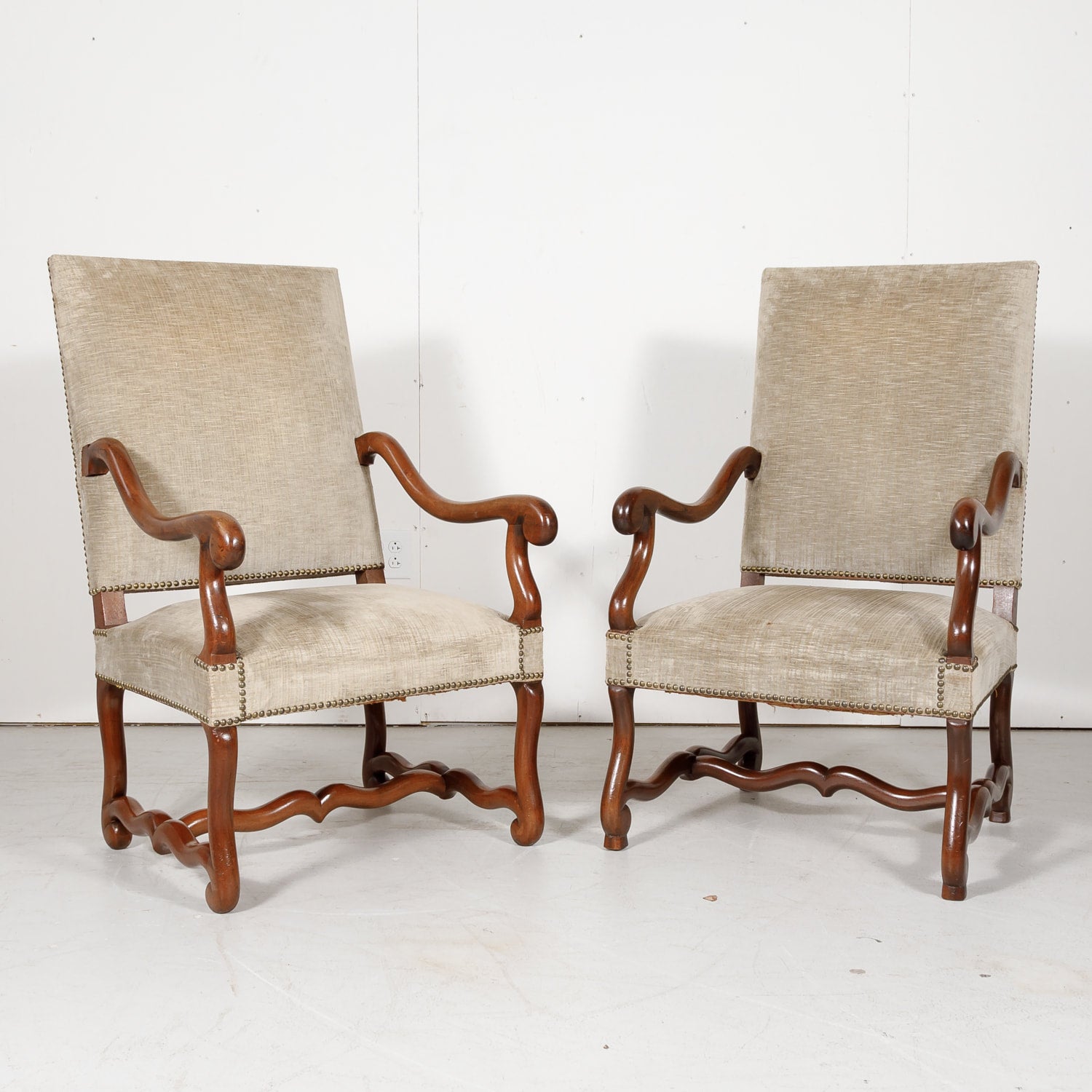 Pair of 19th Century French Louis XIII Style Walnut Os de Mouton Oversized Fireside Armchairs