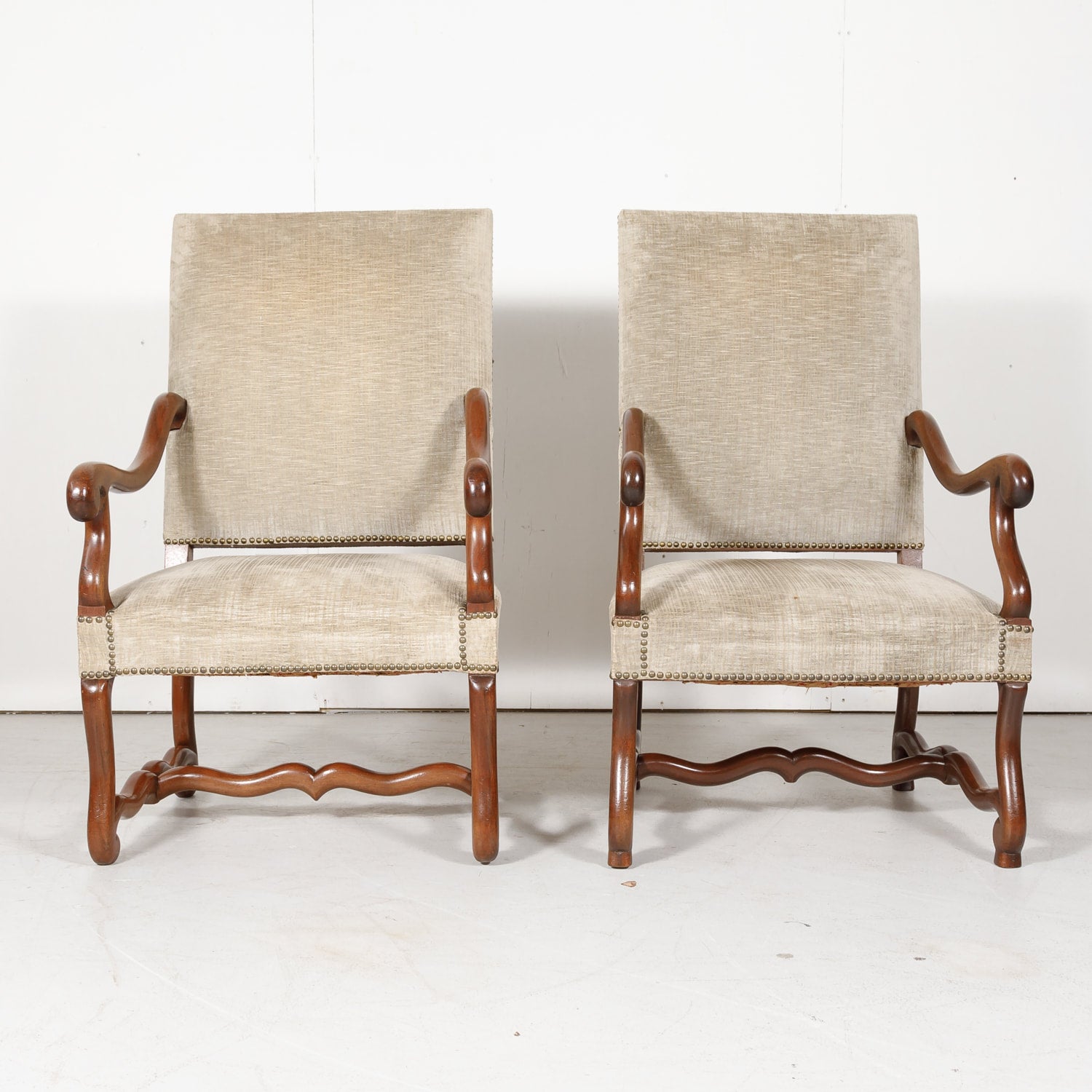 Pair of 19th Century French Louis XIII Style Walnut Os de Mouton Oversized Fireside Armchairs