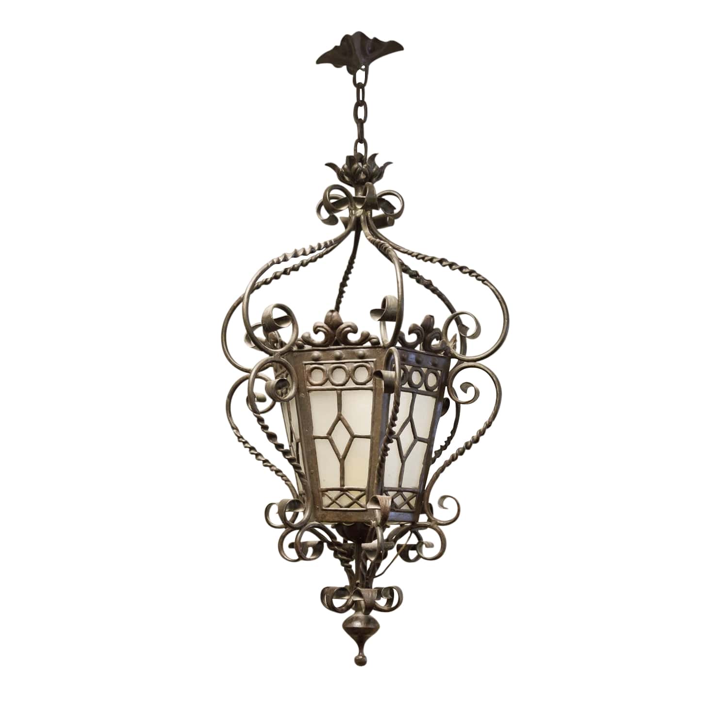 Antique French Wrought Iron Hexagonal One Light Lantern with Glass Panes