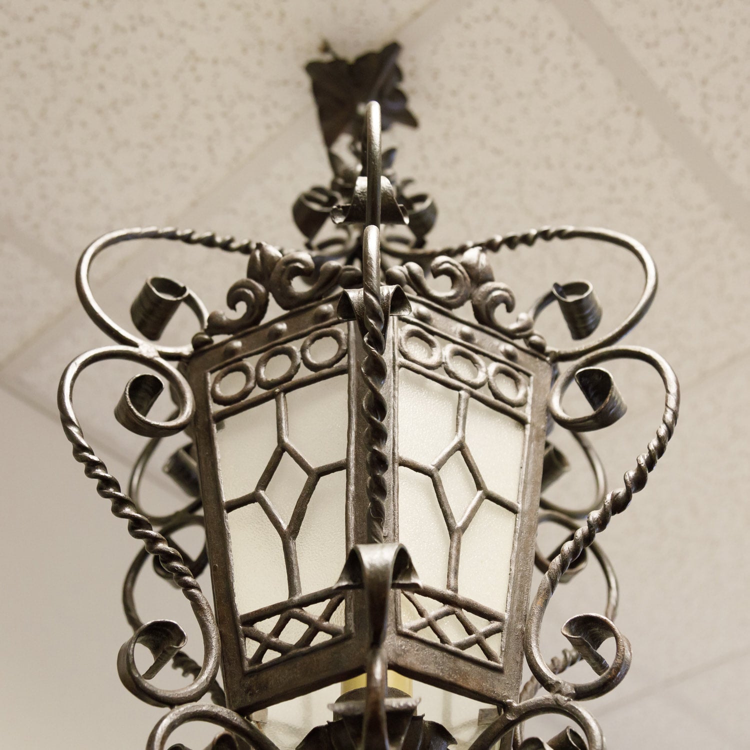 Antique French Wrought Iron Hexagonal One Light Lantern with Glass Panes