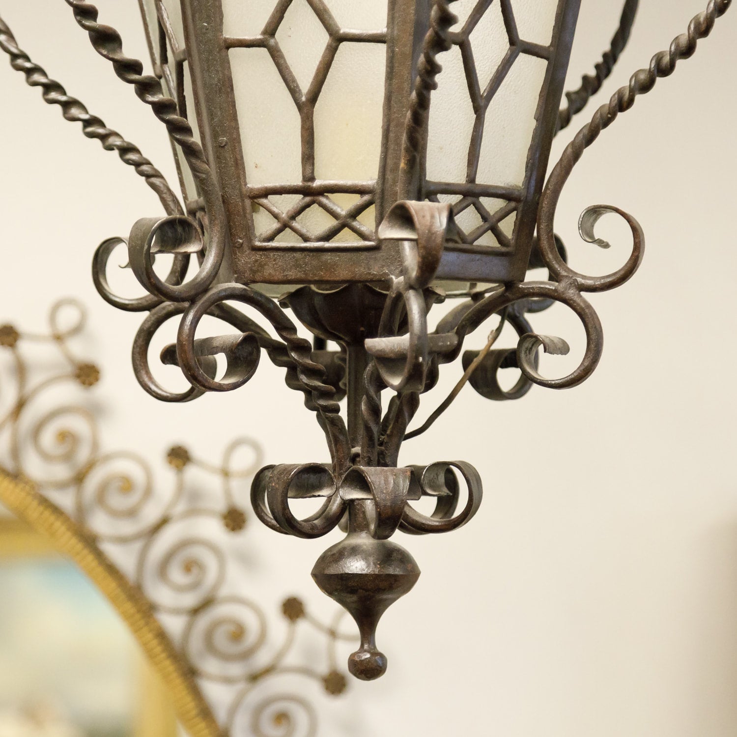 Antique French Wrought Iron Hexagonal One Light Lantern with Glass Panes