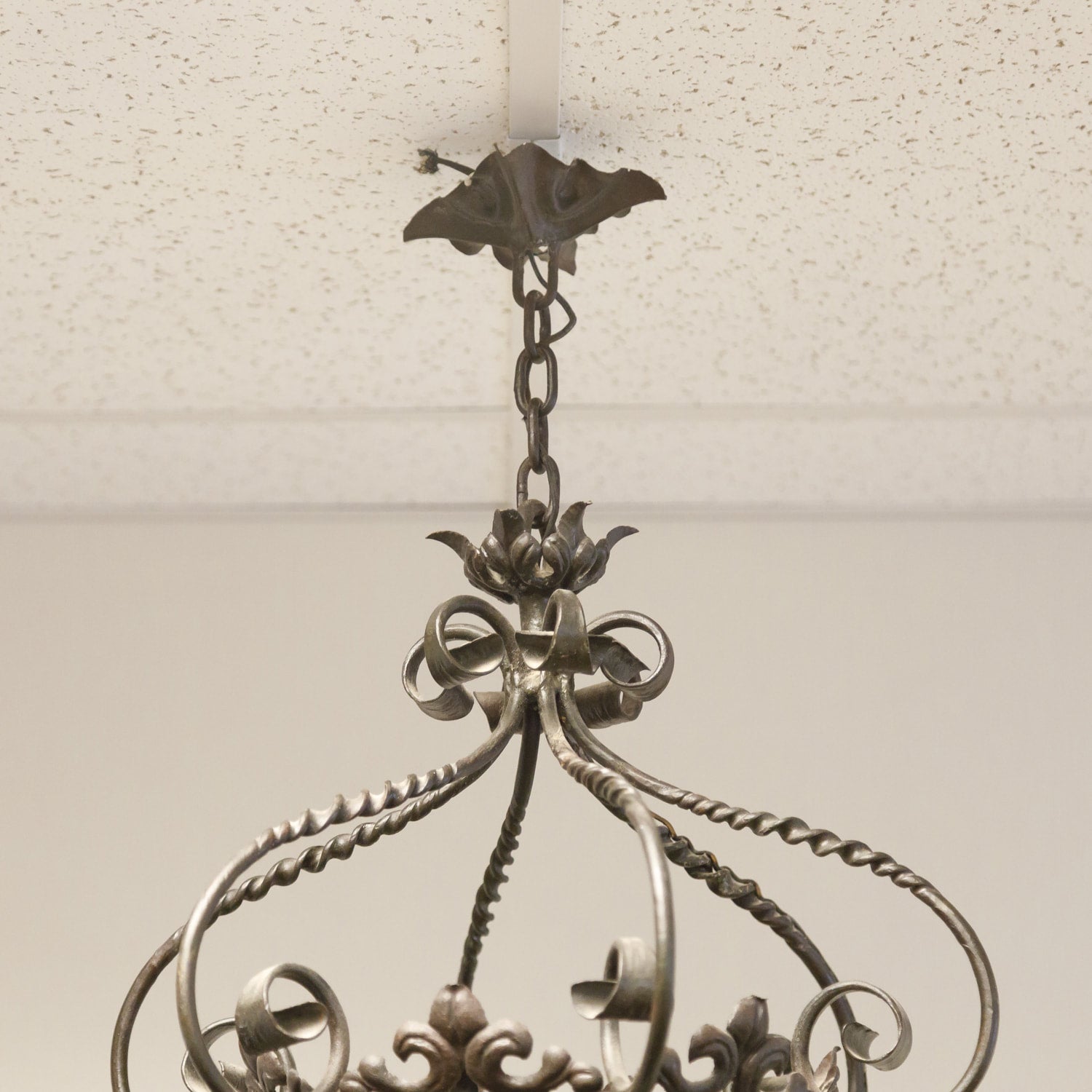 Antique French Wrought Iron Hexagonal One Light Lantern with Glass Panes