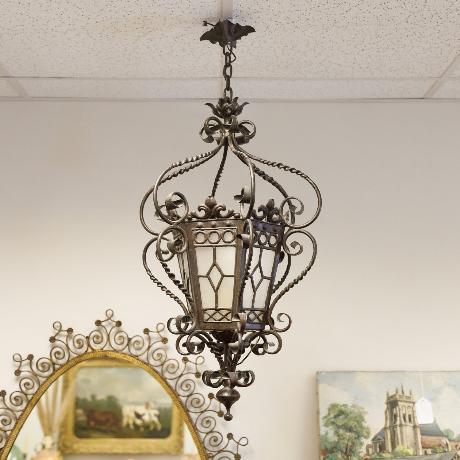 Antique French Wrought Iron Hexagonal One Light Lantern with Glass Panes