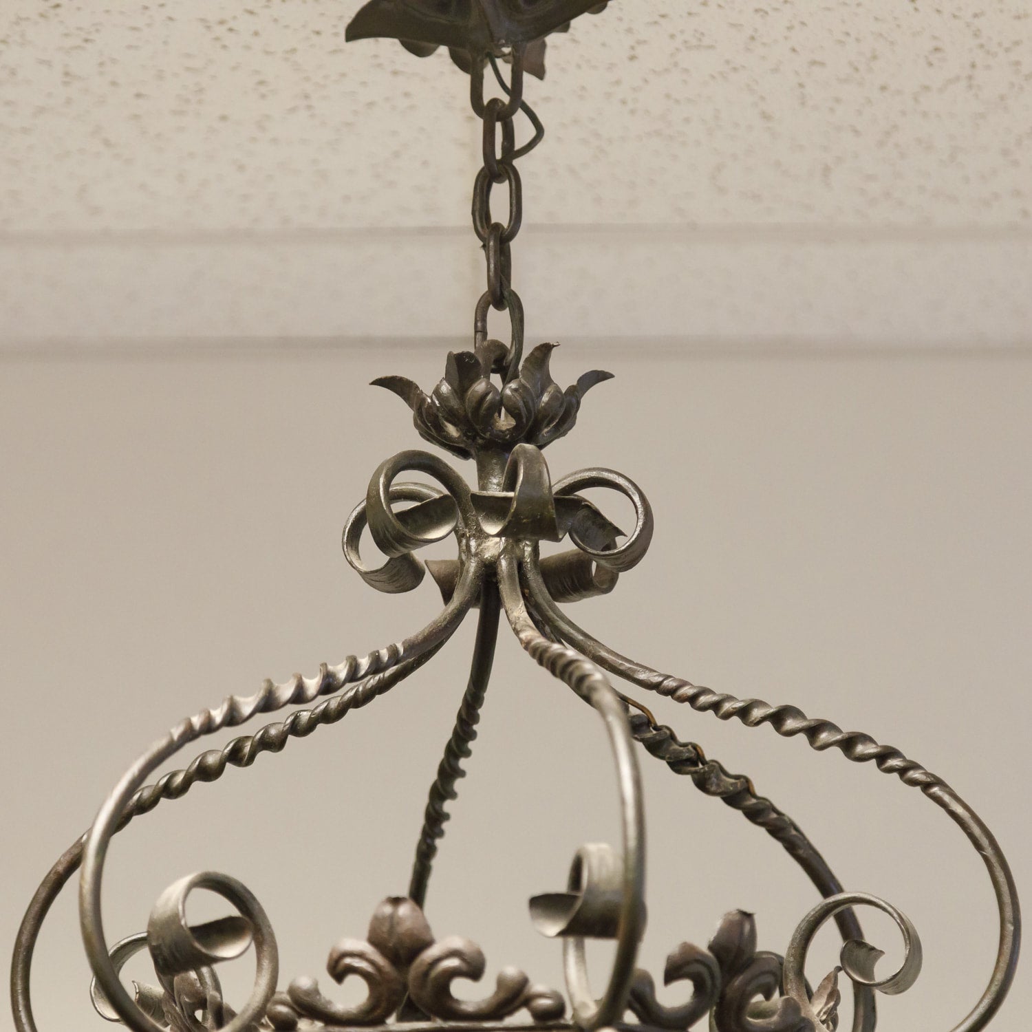 Antique French Wrought Iron Hexagonal One Light Lantern with Glass Panes