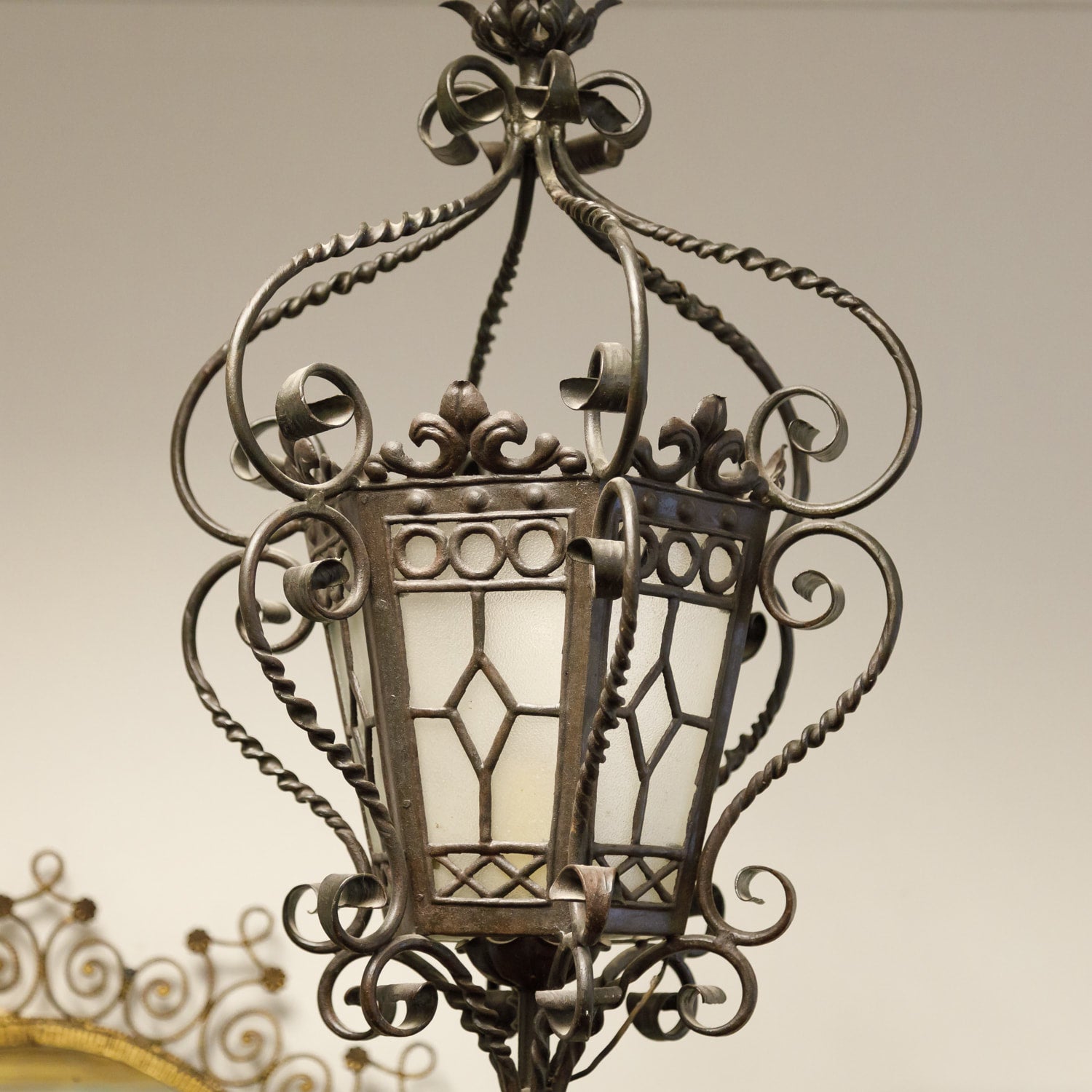 Antique French Wrought Iron Hexagonal One Light Lantern with Glass Panes