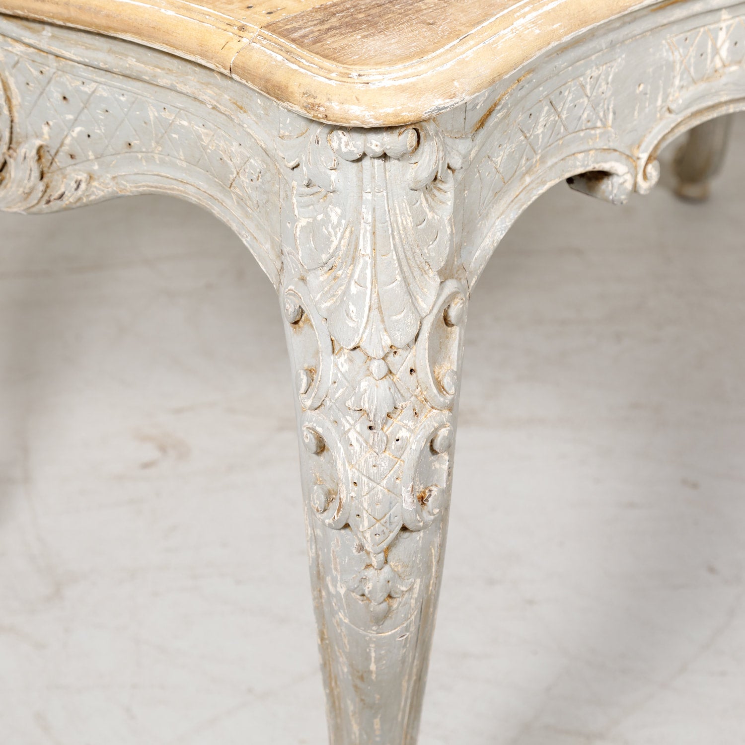 French Country Louis XV Style Painted Wood Table with Bleached Top