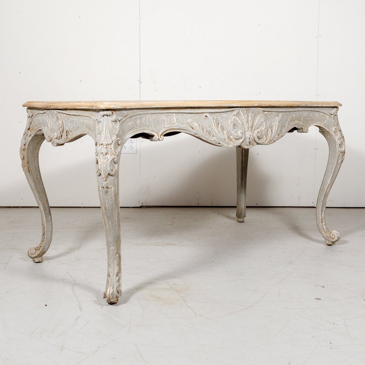 French Country Louis XV Style Painted Wood Table with Bleached Top