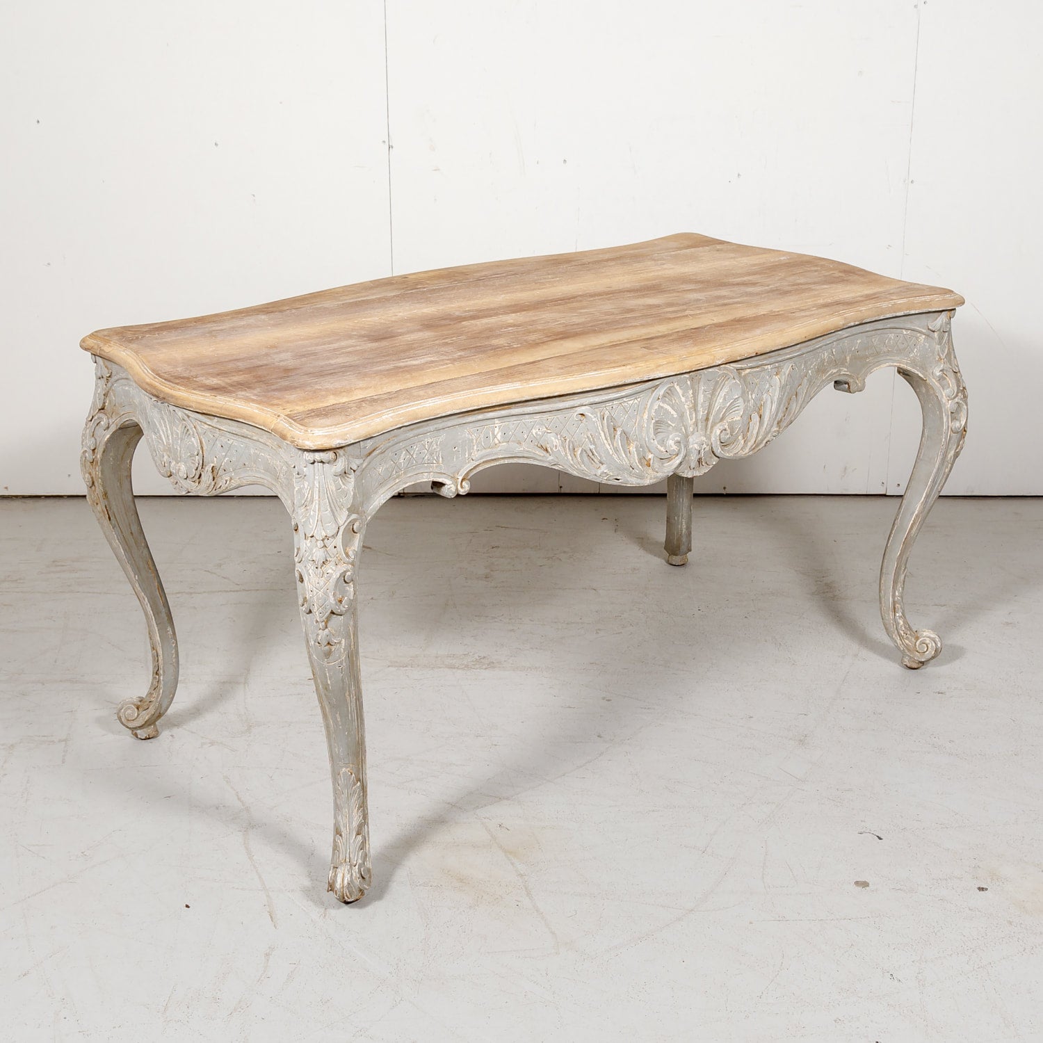 French Country Louis XV Style Painted Wood Table with Bleached Top