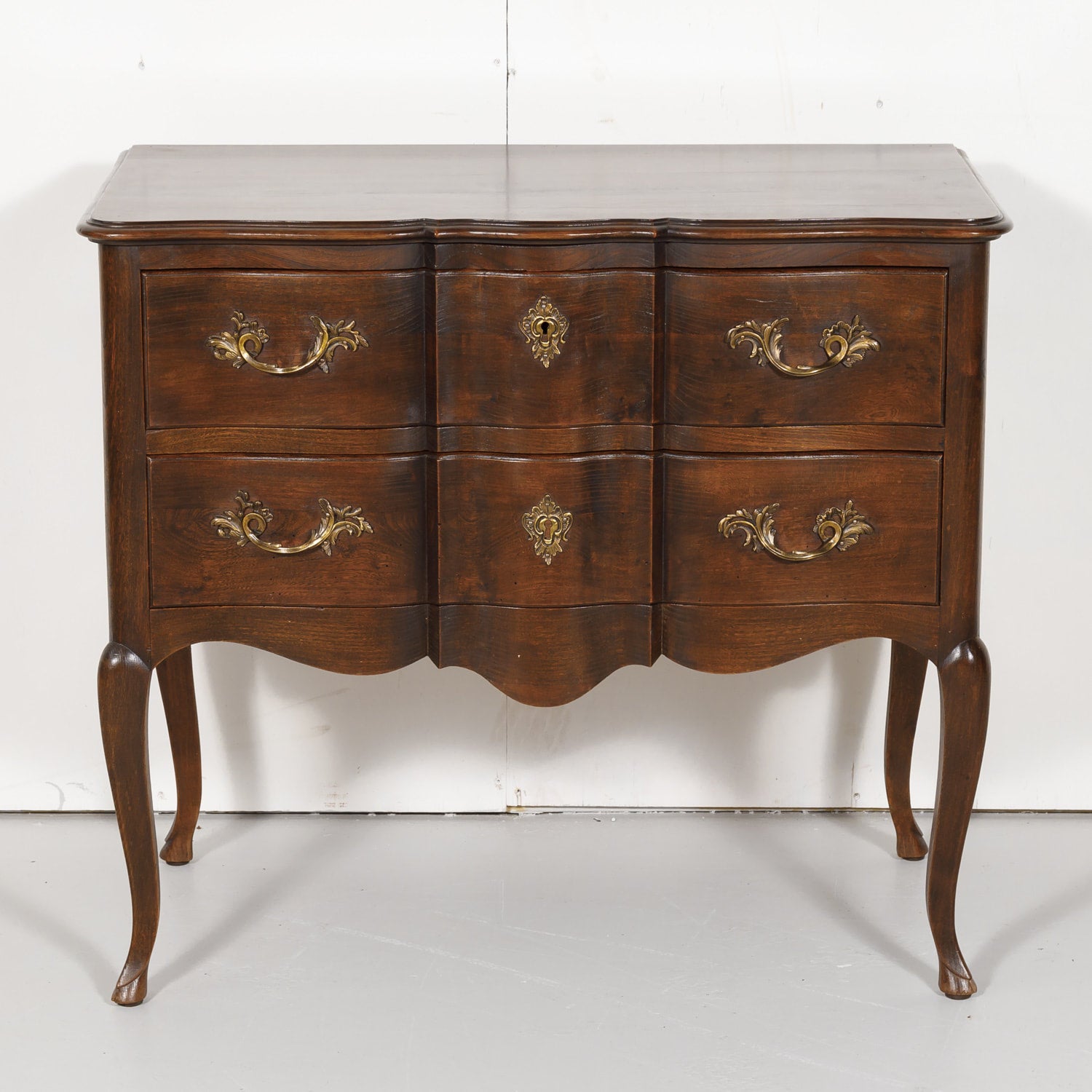 Antique French Louis XV Style Walnut Petite Serpentine Commode Sauteuse 