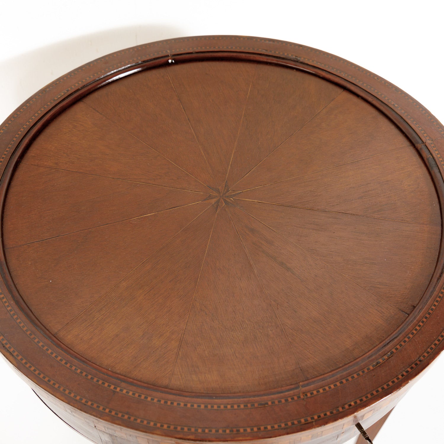 19th Century French Round Louis XVI Style Fruitwood Lift Top Side Table with Marquetry Inlay