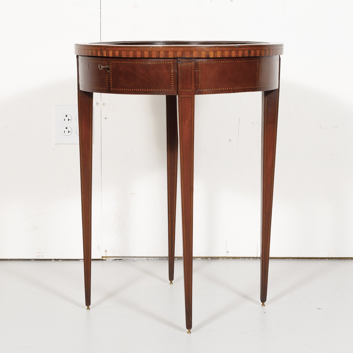 19th Century French Round Louis XVI Style Fruitwood Lift Top Side Table with Marquetry Inlay