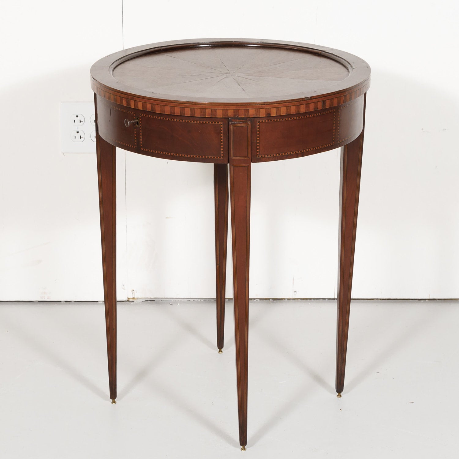19th Century French Round Louis XVI Style Fruitwood Lift Top Side Table with Marquetry Inlay