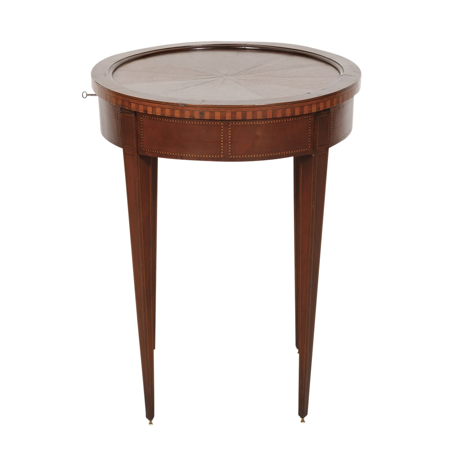 19th Century French Round Louis XVI Style Fruitwood Lift Top Side Table with Marquetry Inlay