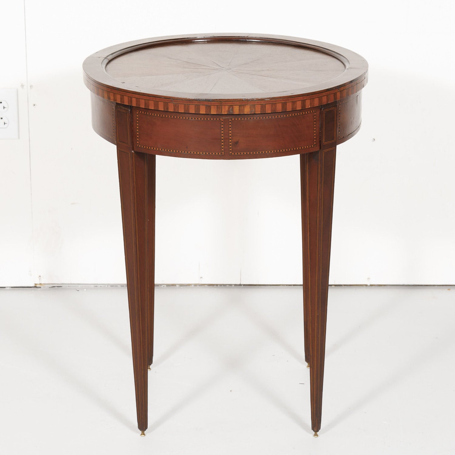 19th Century French Round Louis XVI Style Fruitwood Lift Top Side Table with Marquetry Inlay