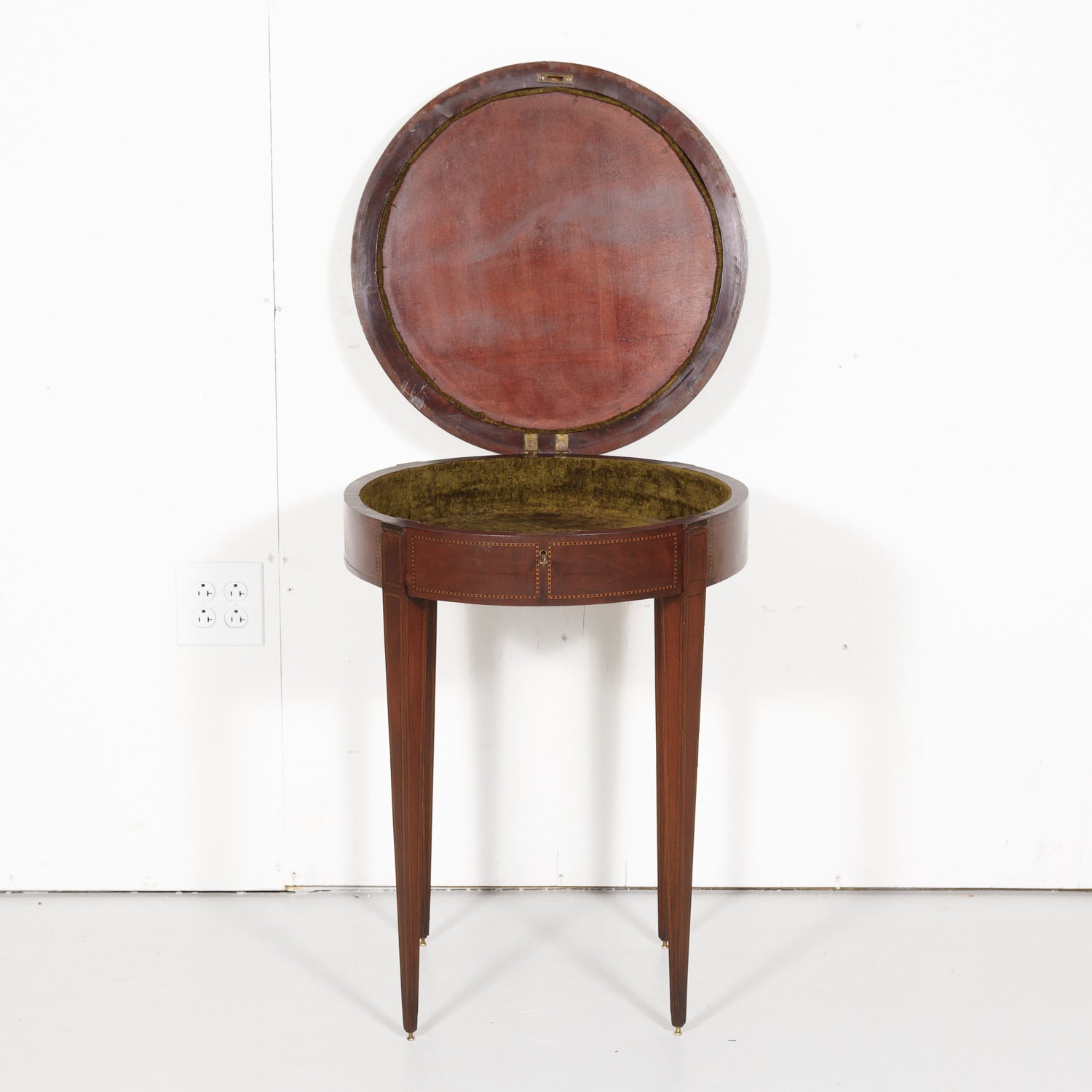 19th Century French Round Louis XVI Style Fruitwood Lift Top Side Table with Marquetry Inlay