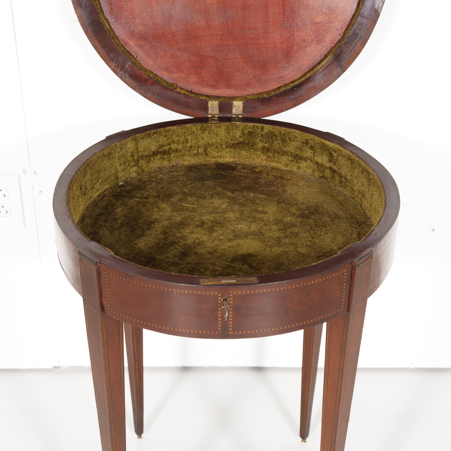 19th Century French Round Louis XVI Style Fruitwood Lift Top Side Table with Marquetry Inlay