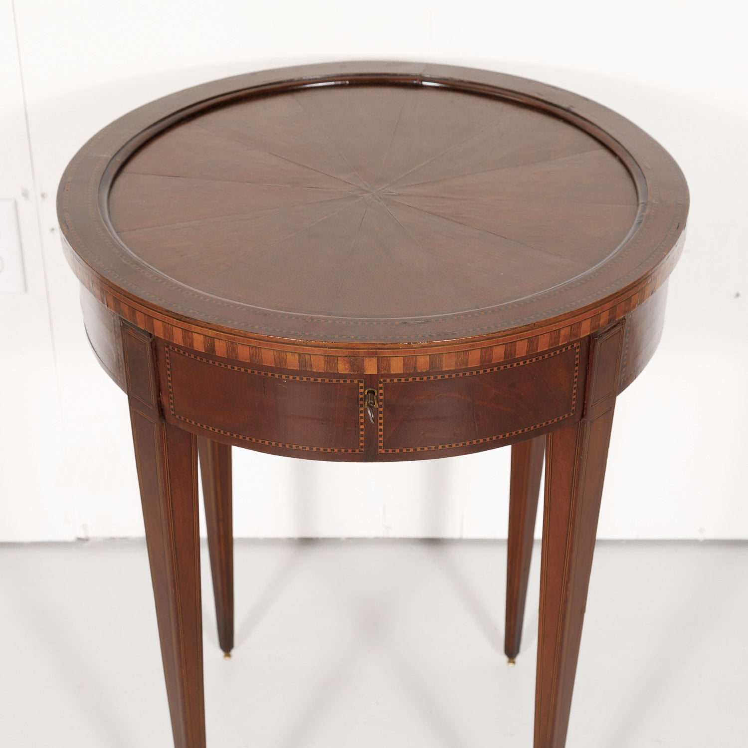 19th Century French Round Louis XVI Style Fruitwood Lift Top Side Table with Marquetry Inlay