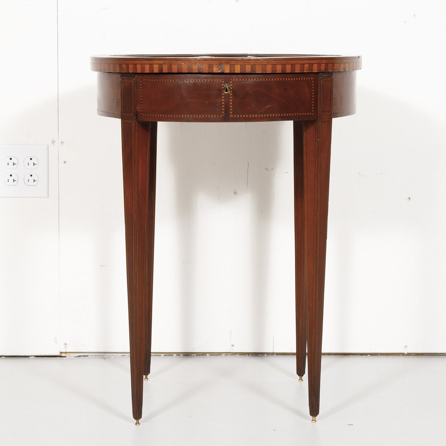 19th Century French Round Louis XVI Style Fruitwood Lift Top Side Table with Marquetry Inlay