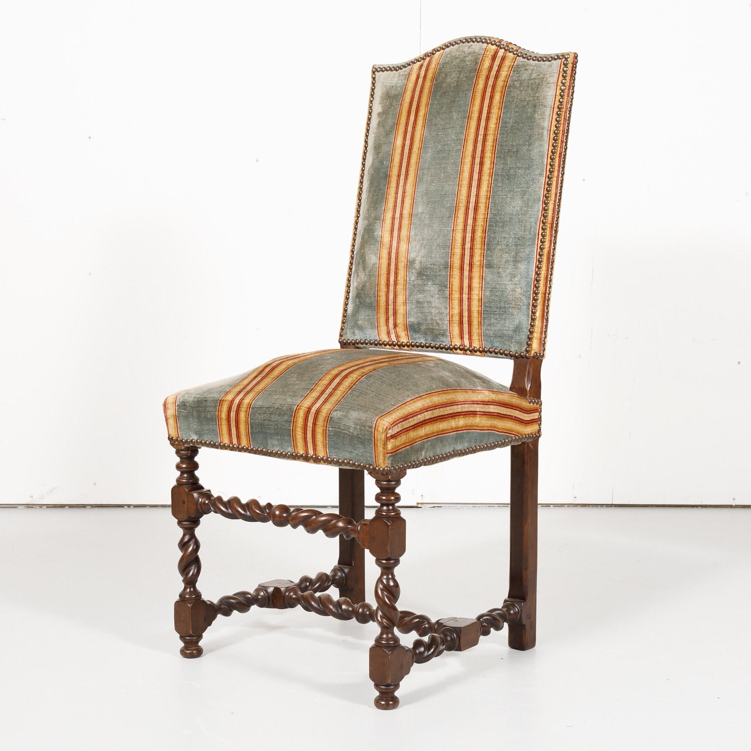 Antique French Louis XIII Style Barley Twist Dining Side Chairs, Set of Six