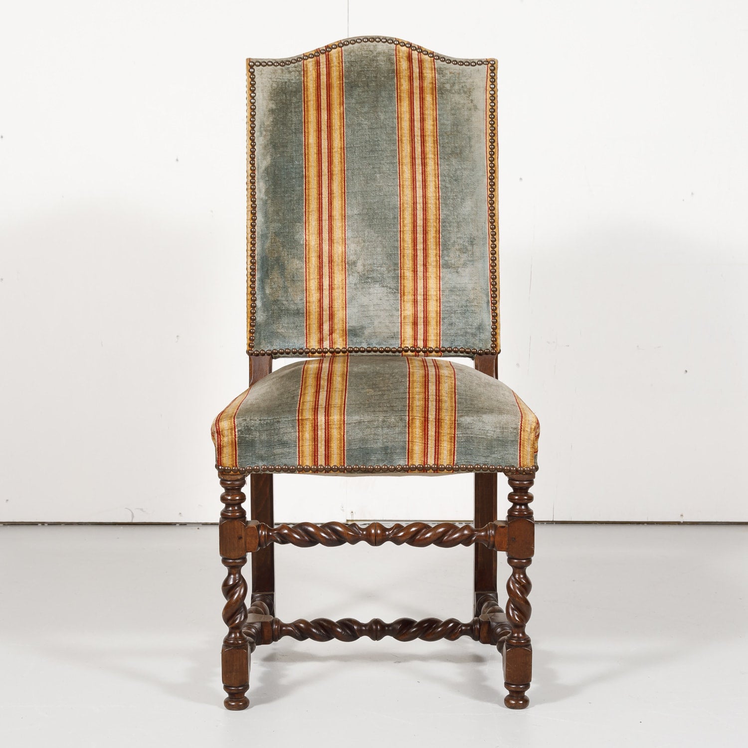 Antique French Louis XIII Style Barley Twist Dining Side Chairs, Set of Six