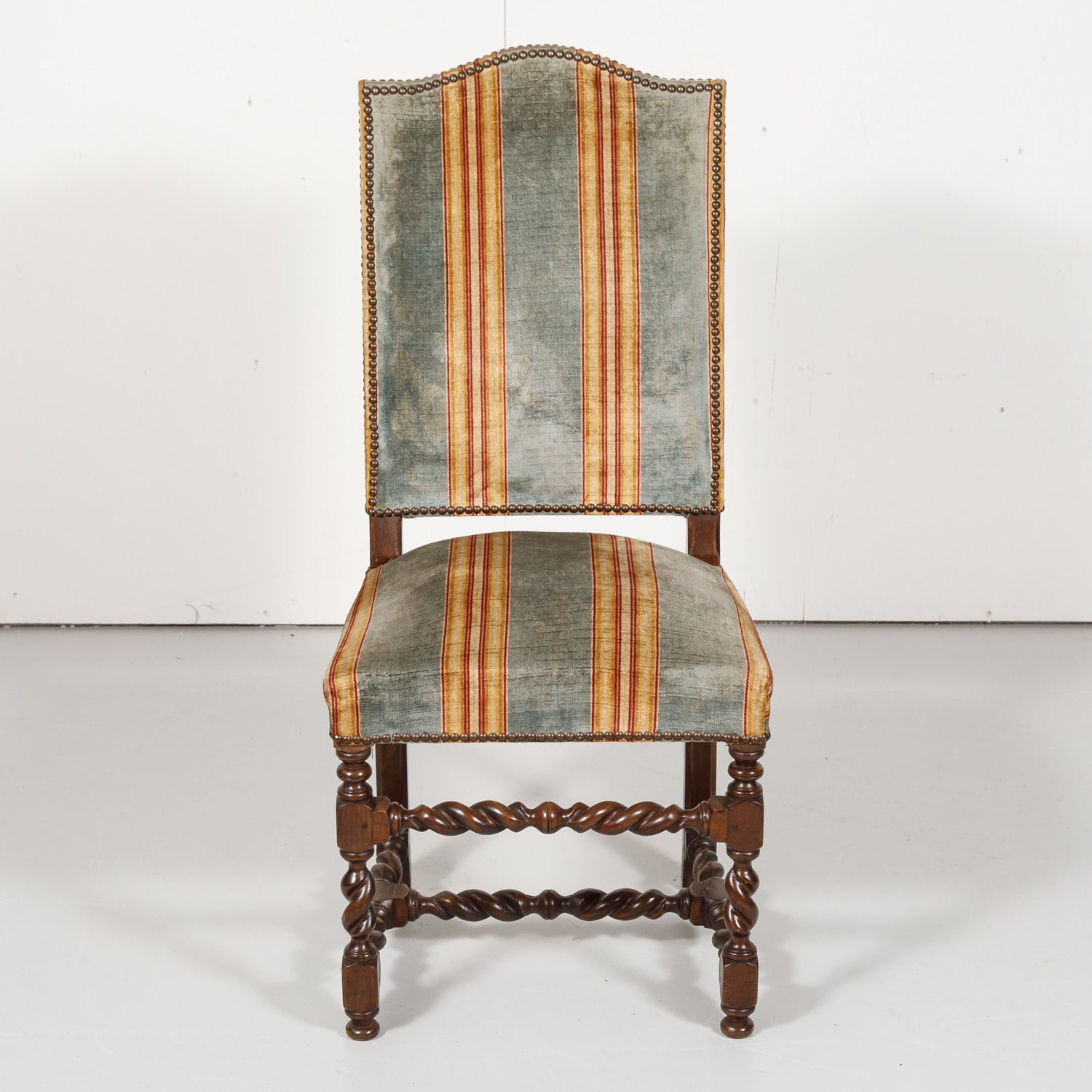 Antique French Louis XIII Style Barley Twist Dining Side Chairs, Set of Six