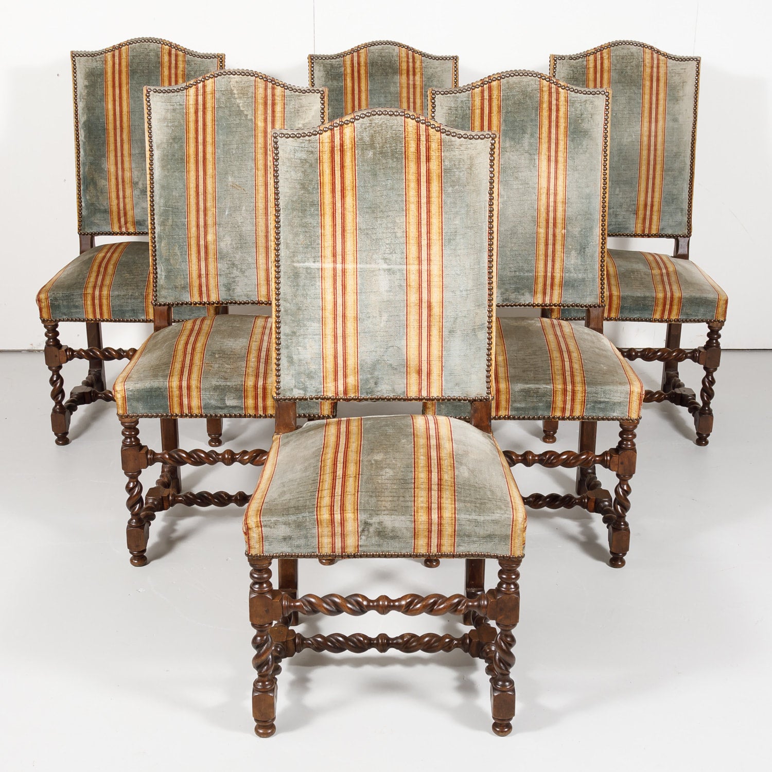 Antique French Louis XIII Style Barley Twist Dining Side Chairs, Set of Six