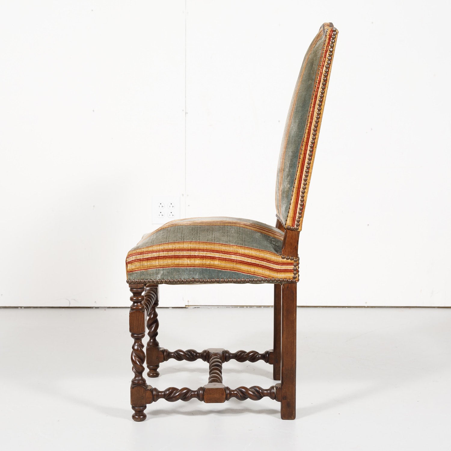 Antique French Louis XIII Style Barley Twist Dining Side Chairs, Set of Six