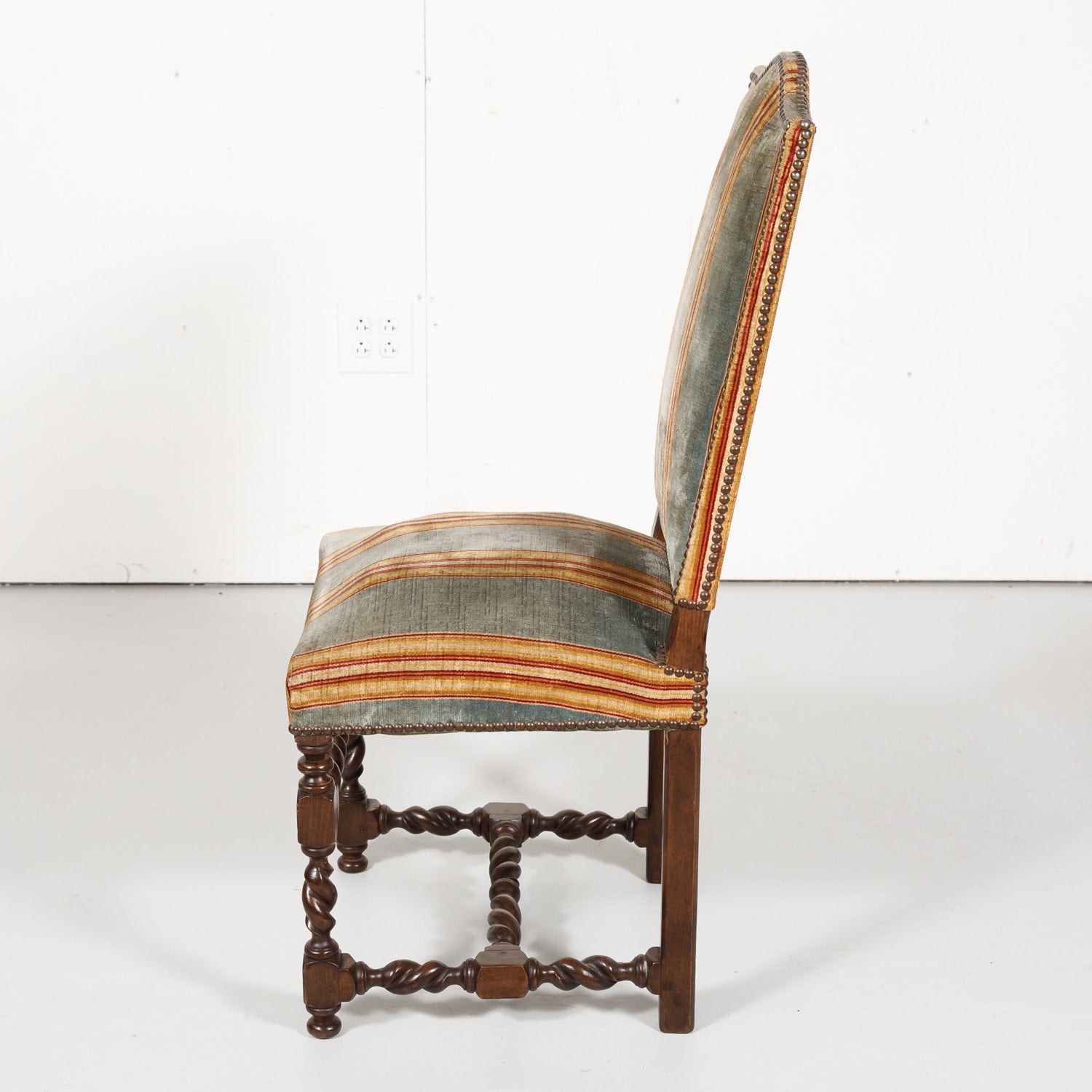 Antique French Louis XIII Style Barley Twist Dining Side Chairs, Set of Six