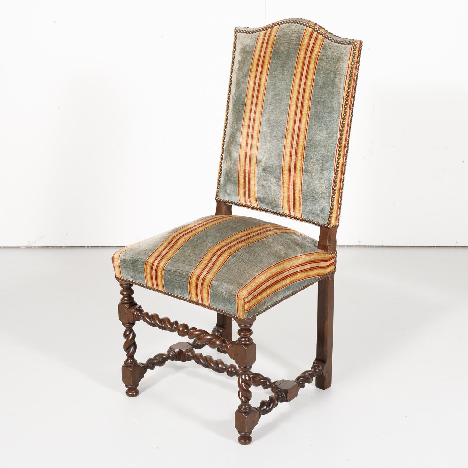 Antique French Louis XIII Style Barley Twist Dining Side Chairs, Set of Six