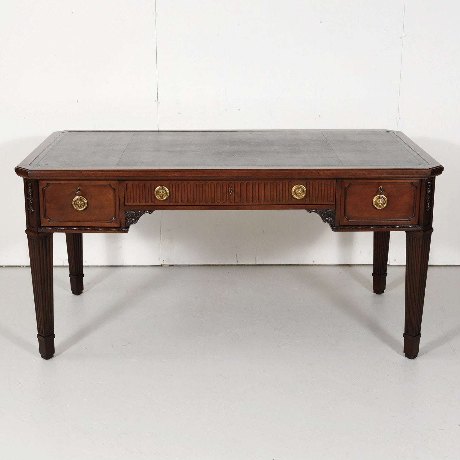 19th Century French Louis XVI Style Walnut Bureau Plat or Desk with Leather Top 