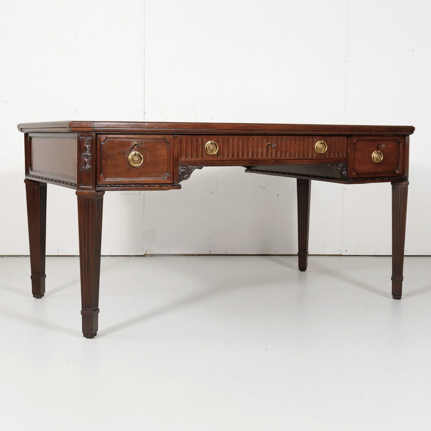 19th Century French Louis XVI Style Walnut Bureau Plat or Desk with Leather Top 