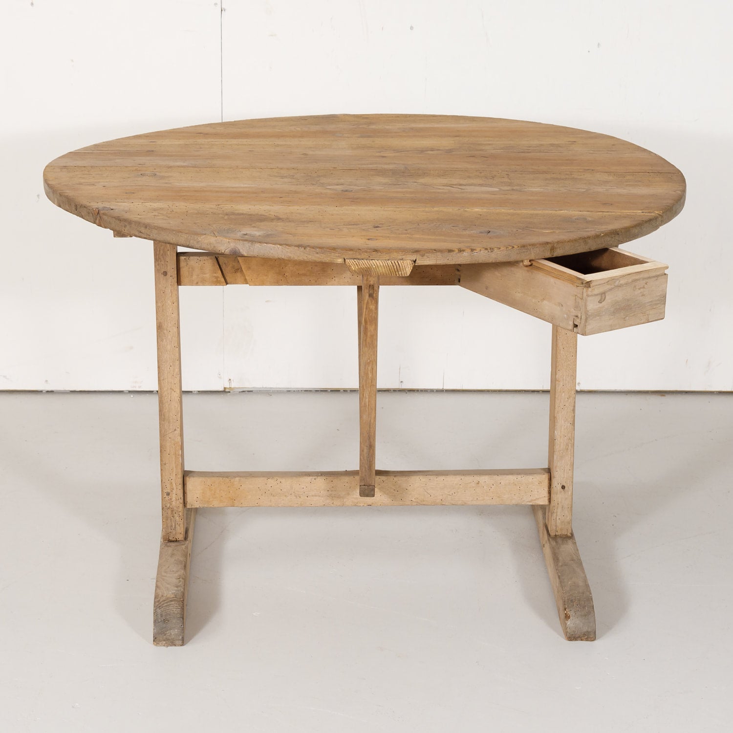 19th Century Rustic Bleached Pine French Vendange or Wine Tasting Tilt-Top Table with Drawer