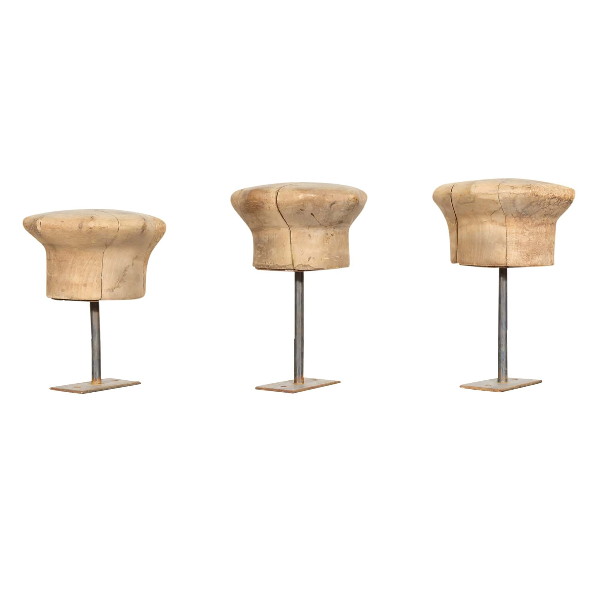 Antique Wooden French Hat Molds or Blocks, Set of 3
