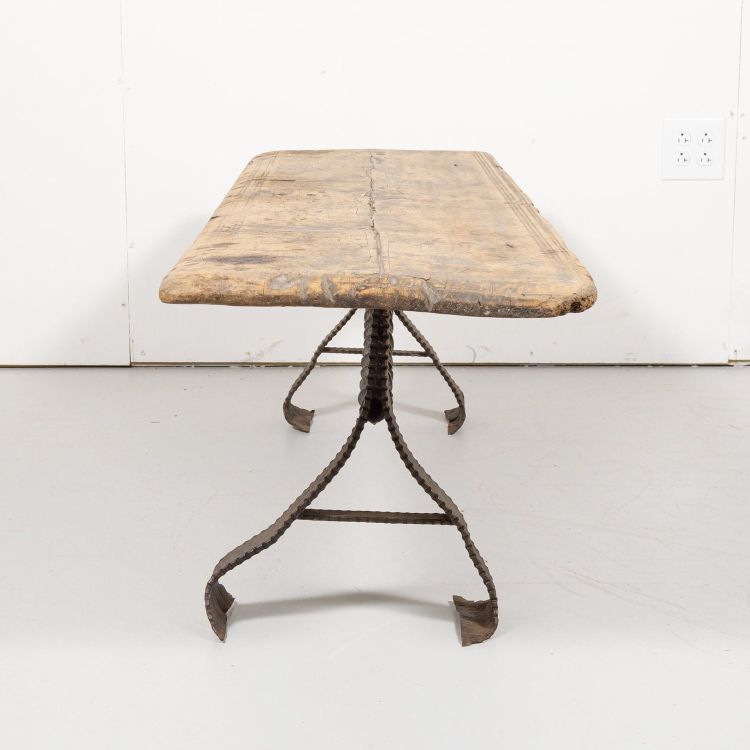 18th Century French Primitive Pine Bench with Iron Base