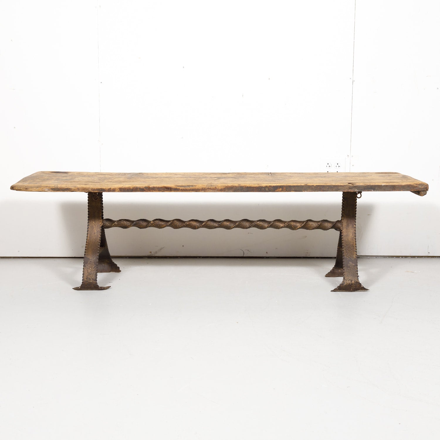 18th Century French Primitive Pine Bench with Iron Base
