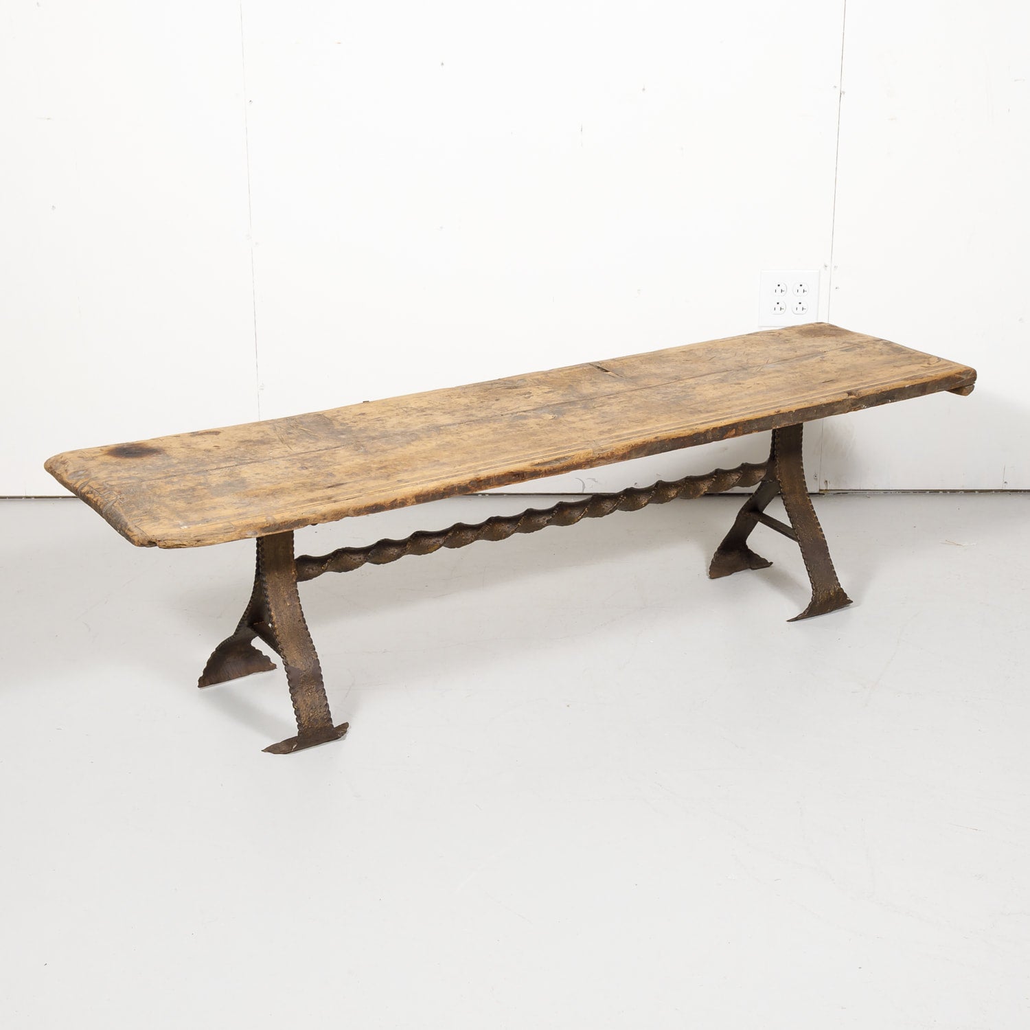 18th Century French Primitive Pine Bench with Iron Base