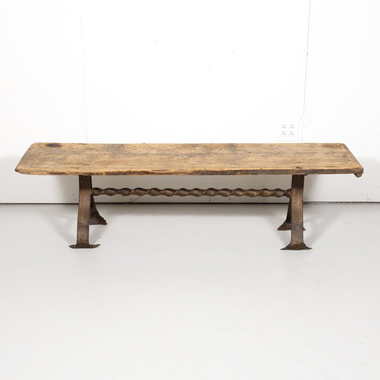 18th Century French Primitive Pine Bench with Iron Base