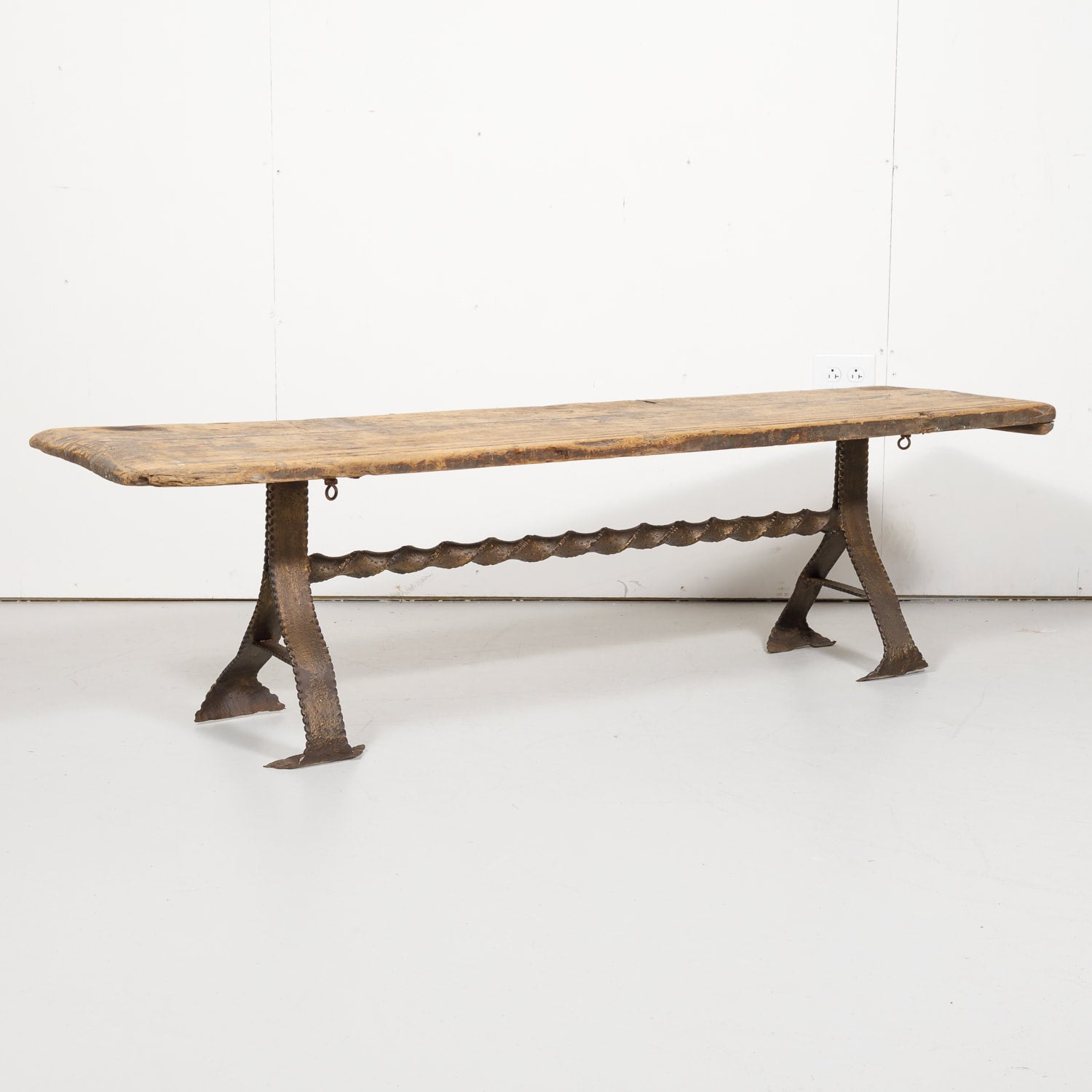 18th Century French Primitive Pine Bench with Iron Base