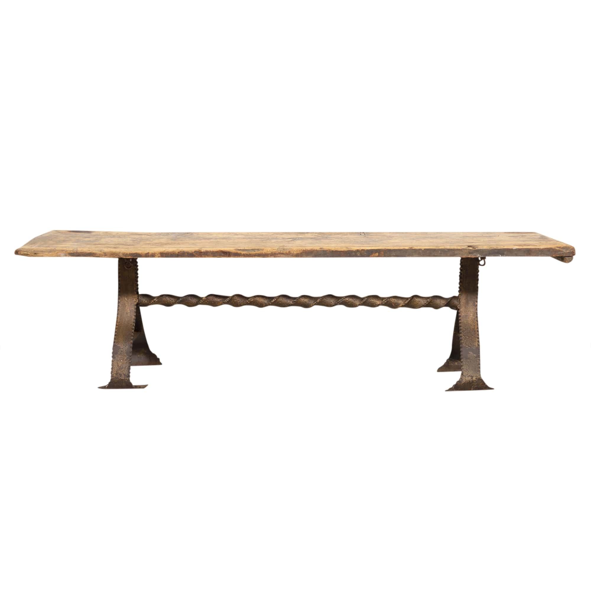 18th Century French Primitive Pine Bench with Iron Base