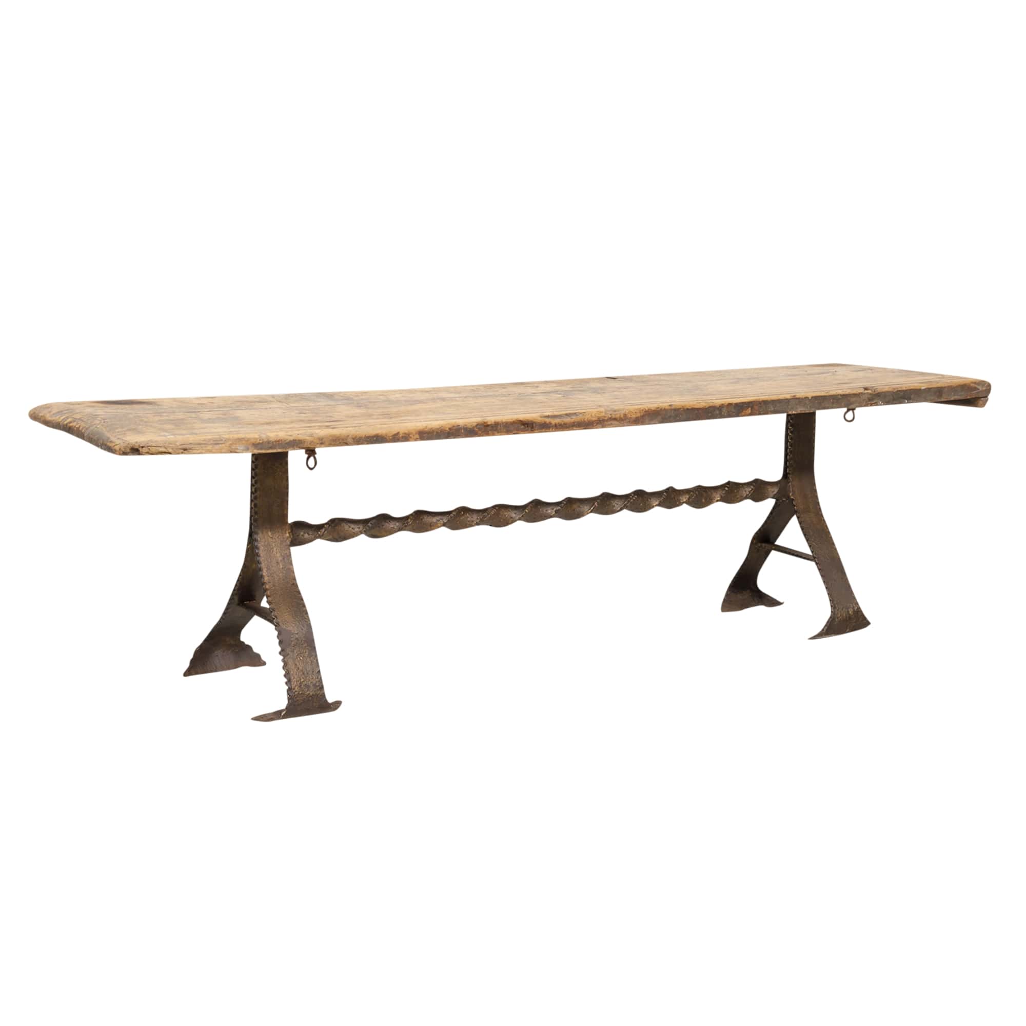 18th Century French Primitive Pine Bench with Iron Base