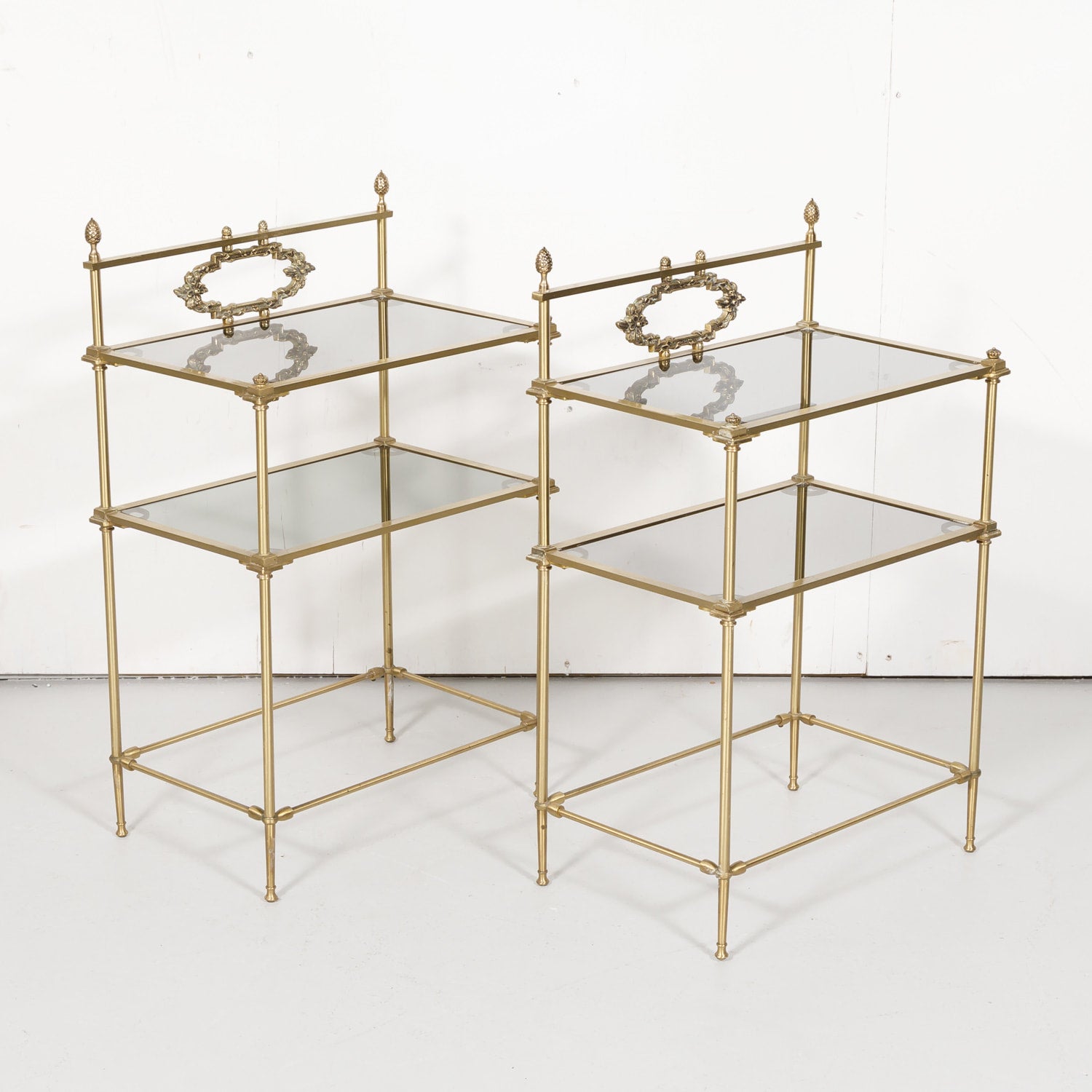 Pair of Vintage French Louis XVI Style Brass and Glass Shelves or Side Tables