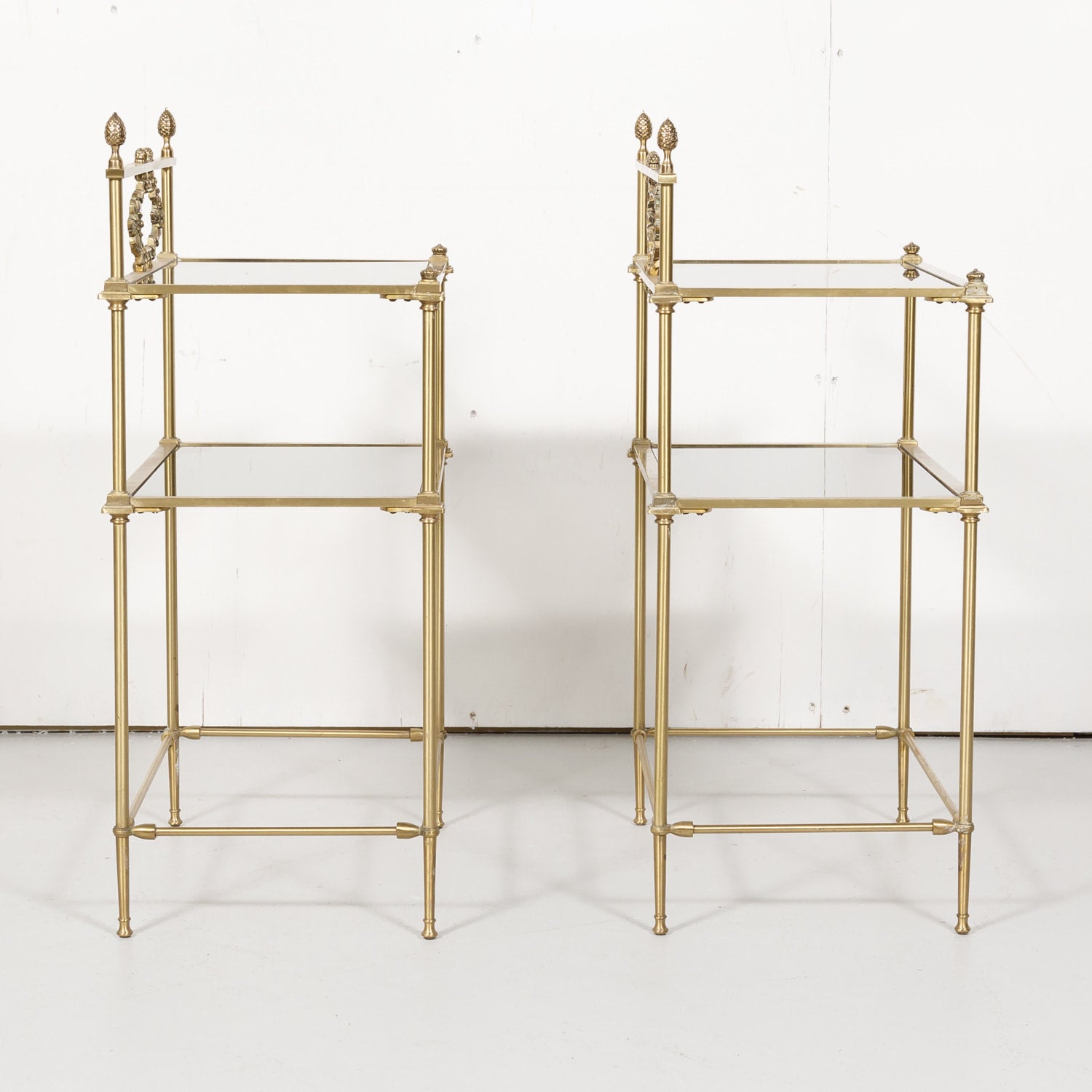 Pair of Vintage French Louis XVI Style Brass and Glass Shelves or Side Tables