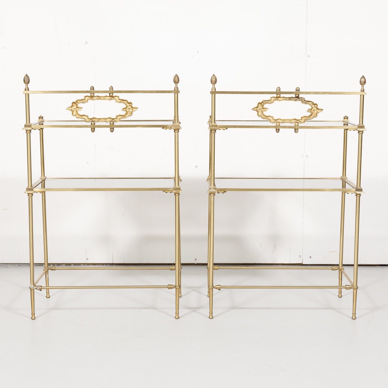 Pair of Vintage French Louis XVI Style Brass and Glass Shelves or Side Tables