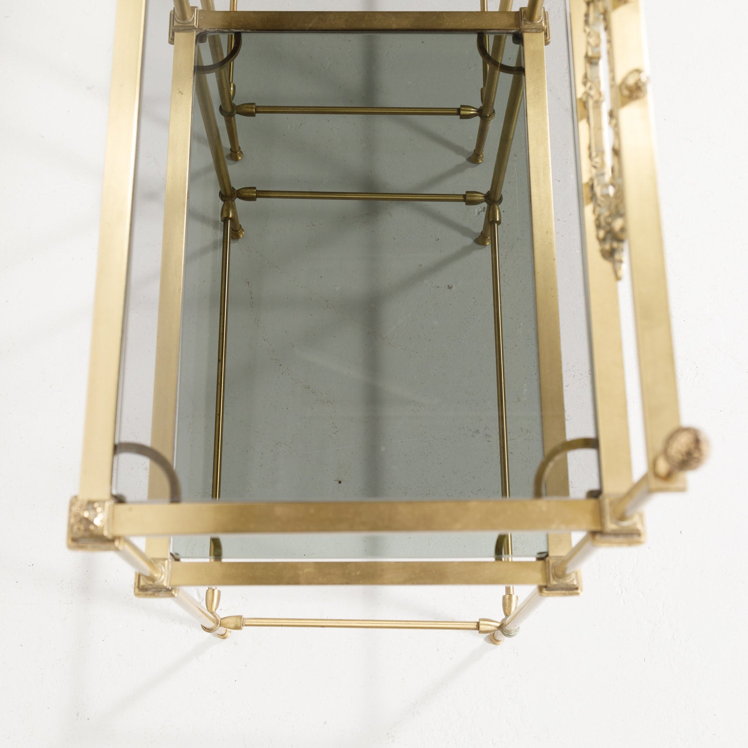 Pair of Vintage French Louis XVI Style Brass and Glass Shelves or Side Tables