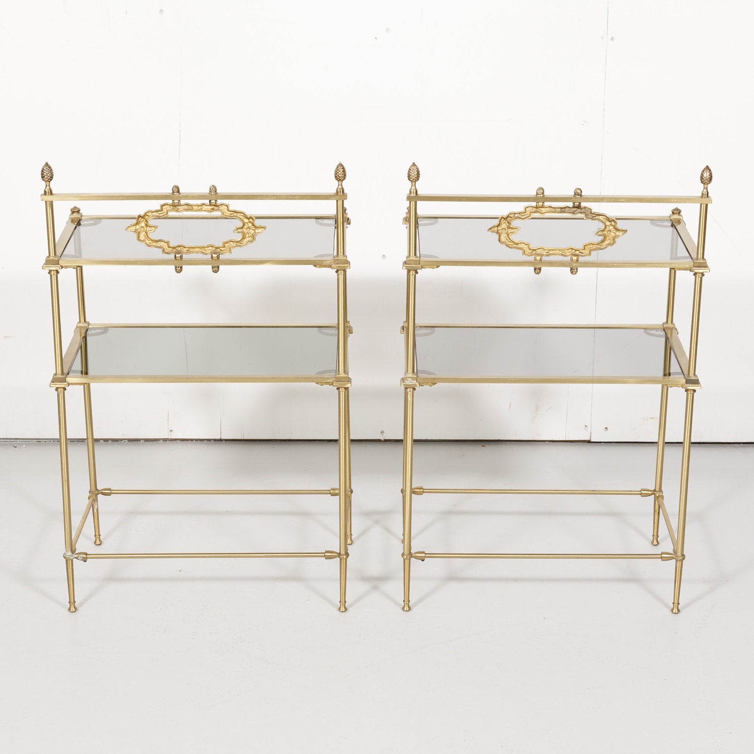 Pair of Vintage French Louis XVI Style Brass and Glass Shelves or Side Tables