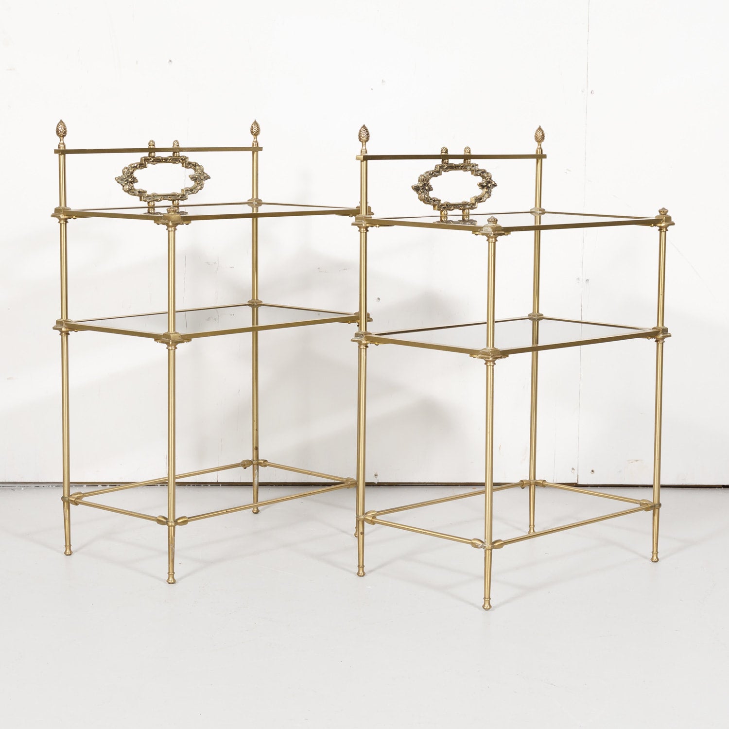 Pair of Vintage French Louis XVI Style Brass and Glass Shelves or Side Tables