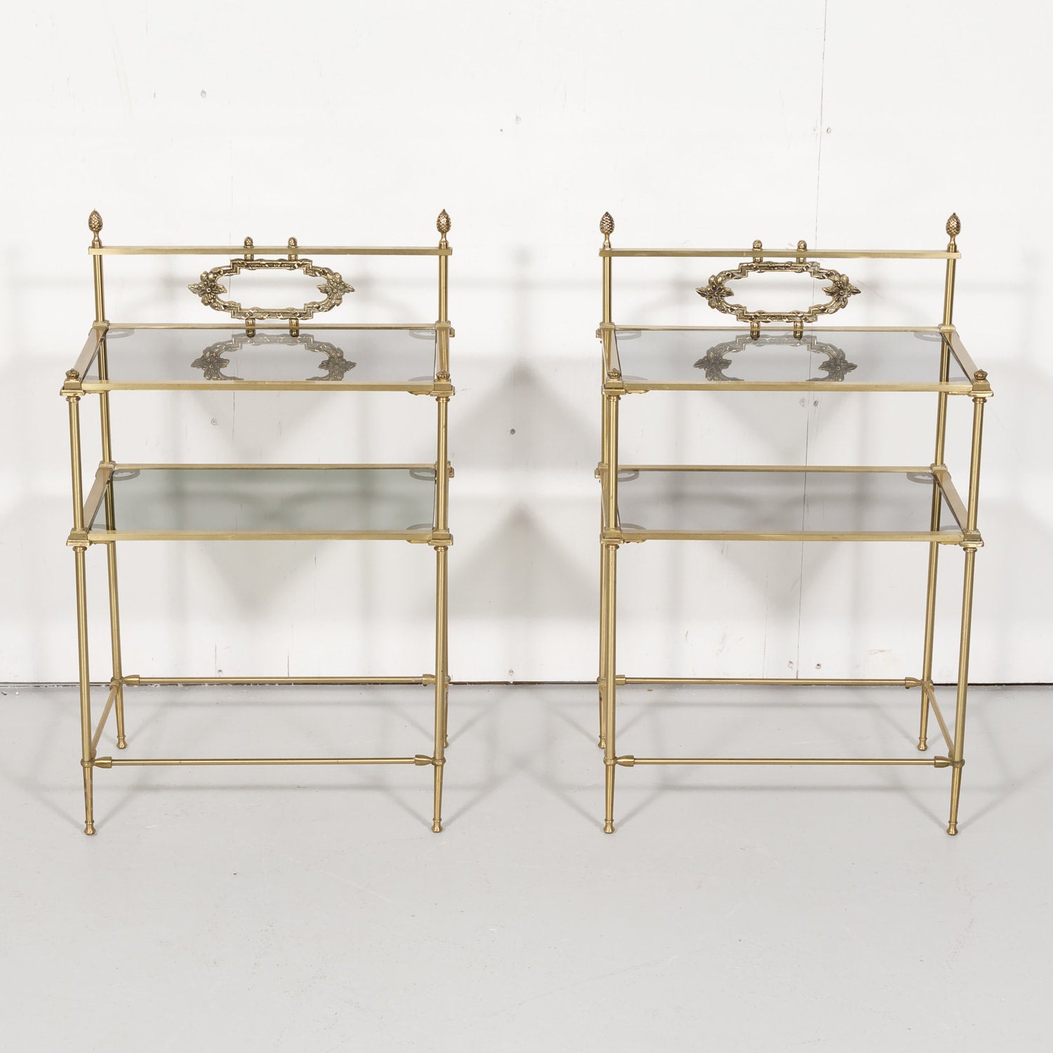 Pair of Vintage French Louis XVI Style Brass and Glass Shelves or Side Tables