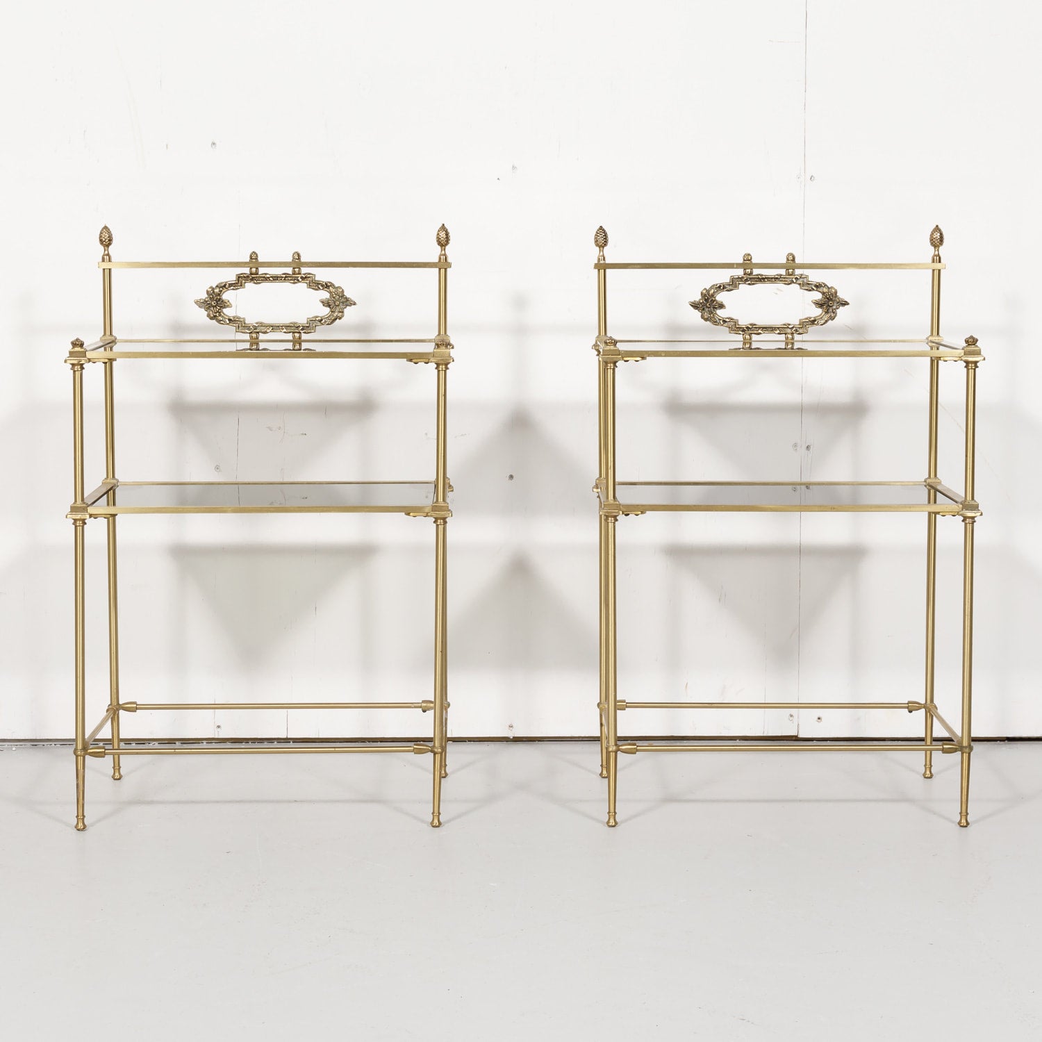 Pair of Vintage French Louis XVI Style Brass and Glass Shelves or Side Tables