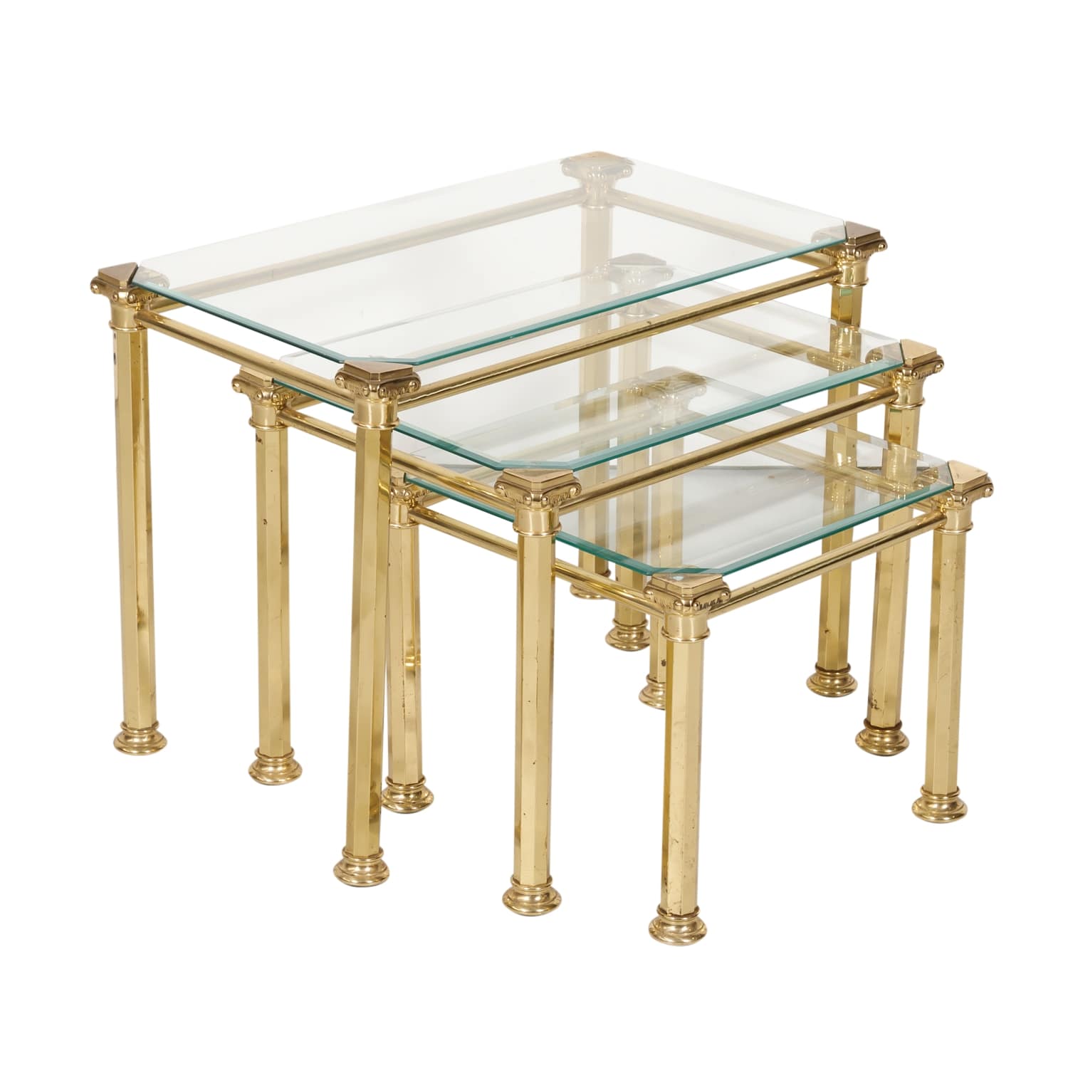 Set of Three French Mid-Century Modern Brass and Glass Nesting Tables by Maison Baguès