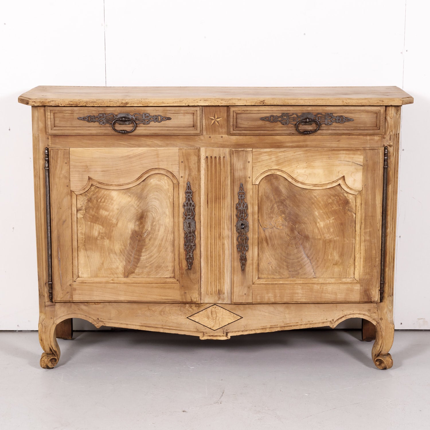 Early 19th Century French Country Louis XV Style Bleached Cherry Buffet with Fruitwood Inlay